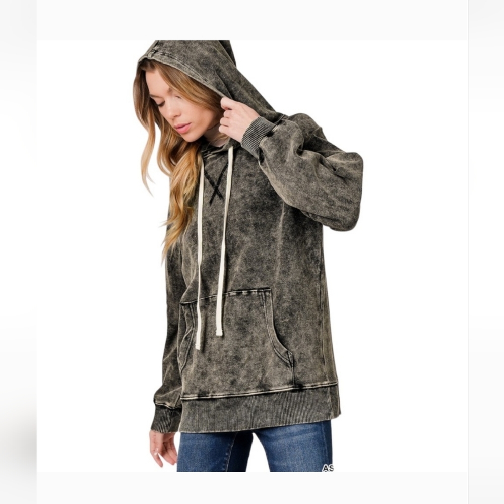 Ash Black Acid Wash Raglan Slevee Hoodie W/Front Pouch NWT